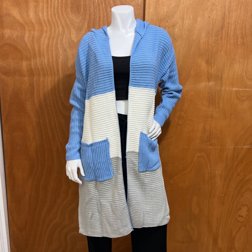 Color Block Hooded Duster Cardigan Sweater Womens XLarge Sky Blue Off White Grey